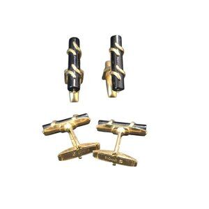 Vintage EMMONS Cuff Links Black Onyx Gold Tone
